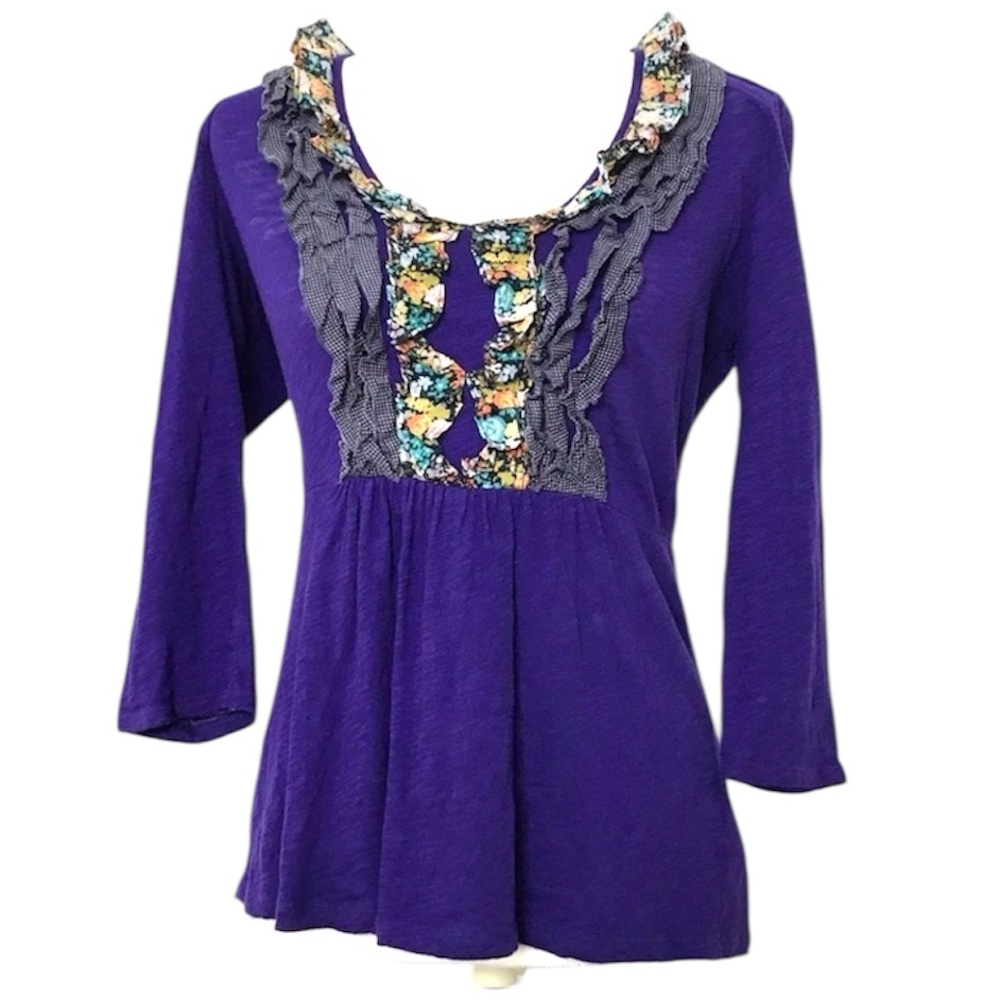 Anthropologie Deletta Purple Ruffle Front Peplum Top Women’s Small 3/4 Sleeve